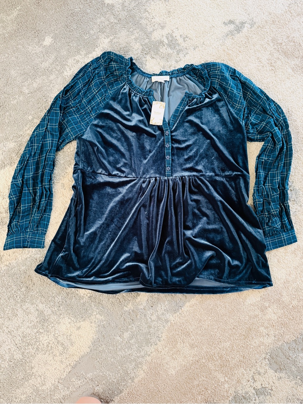 Suzanne Betro Teal Velvet Peplum Top with Plaid Sleeves